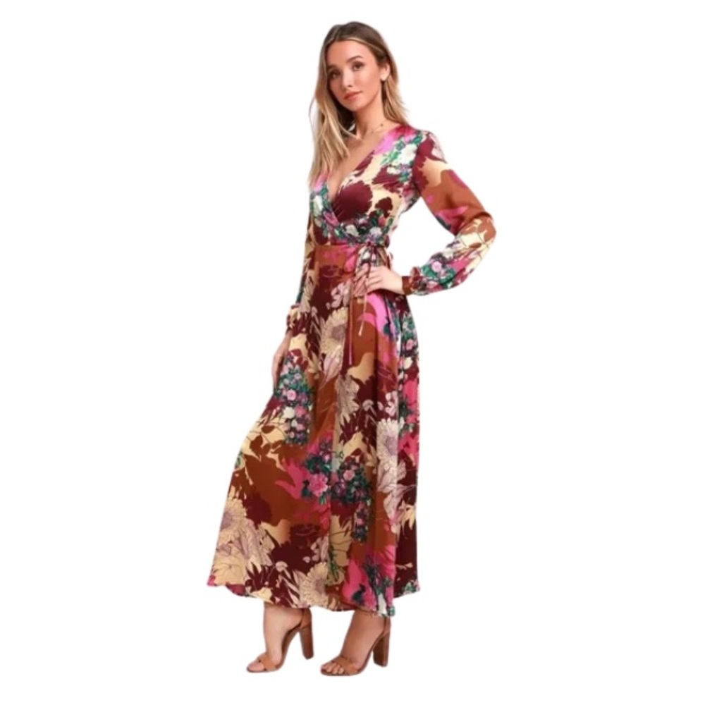 New - Lulus Burgundy Satin Wrap Dress
